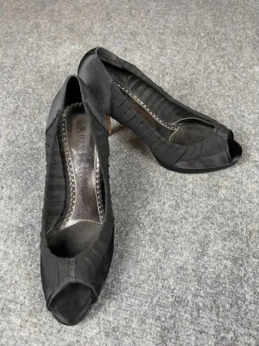 WHBM Shoes Womens 8M Black Satin Fabric‎ High Heel Open Toe Platform Pumps Prom